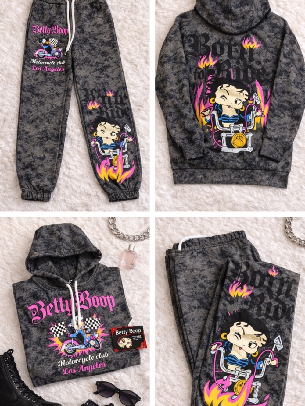 Betty Boop Grat Tie-Dye Motorcycle Hoodie and Joggers